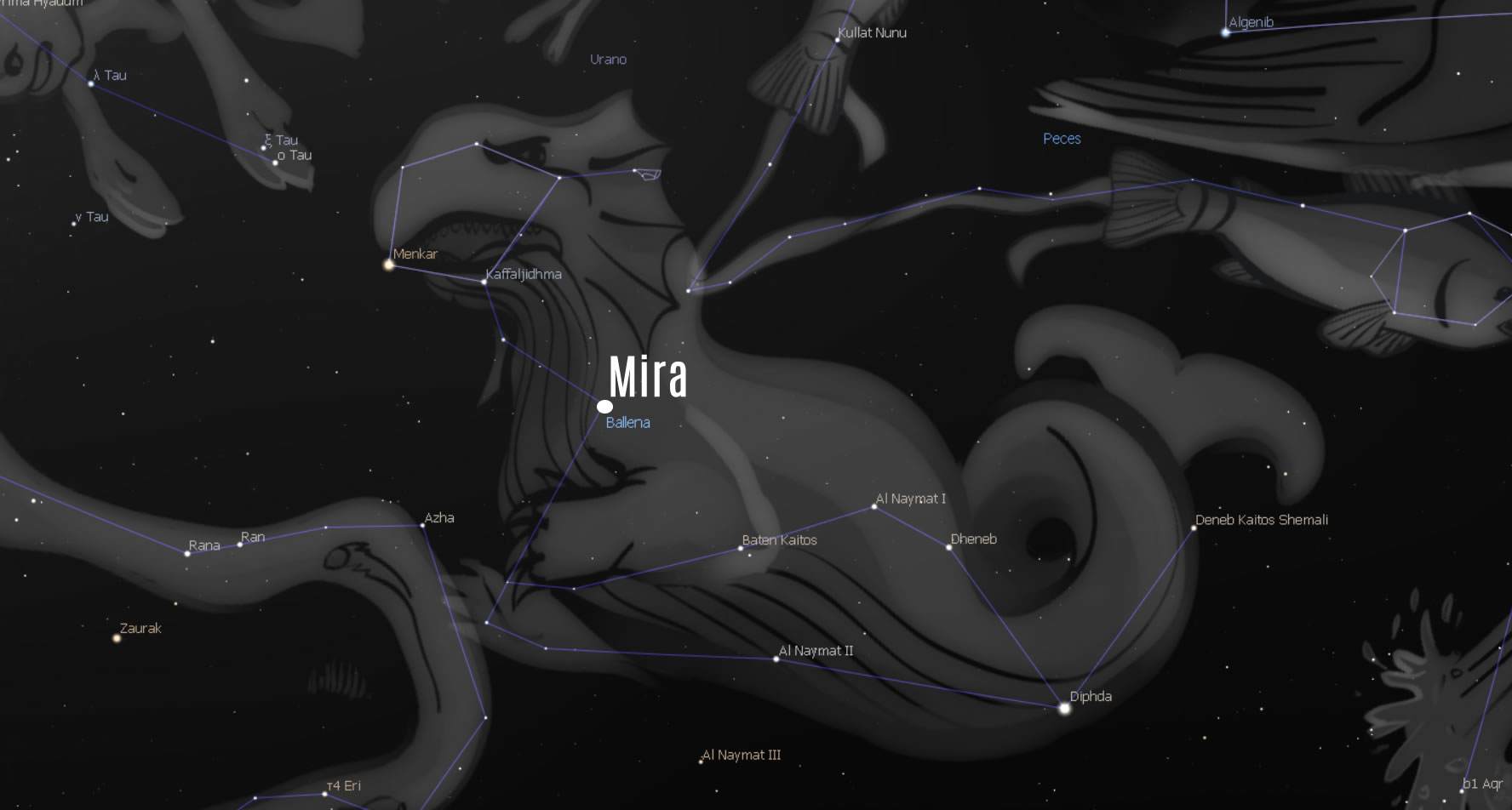 Mira se encuentra en el corazón de la Ballena en la leyenda estelar del Cetáceo